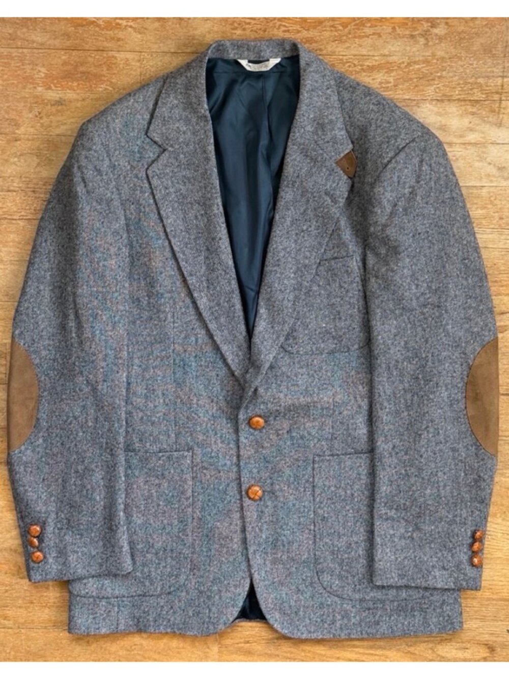 Vintage Mens Tweed Blazer Size 40R Faux Suede Elbow Patches 1970s Dark Blue